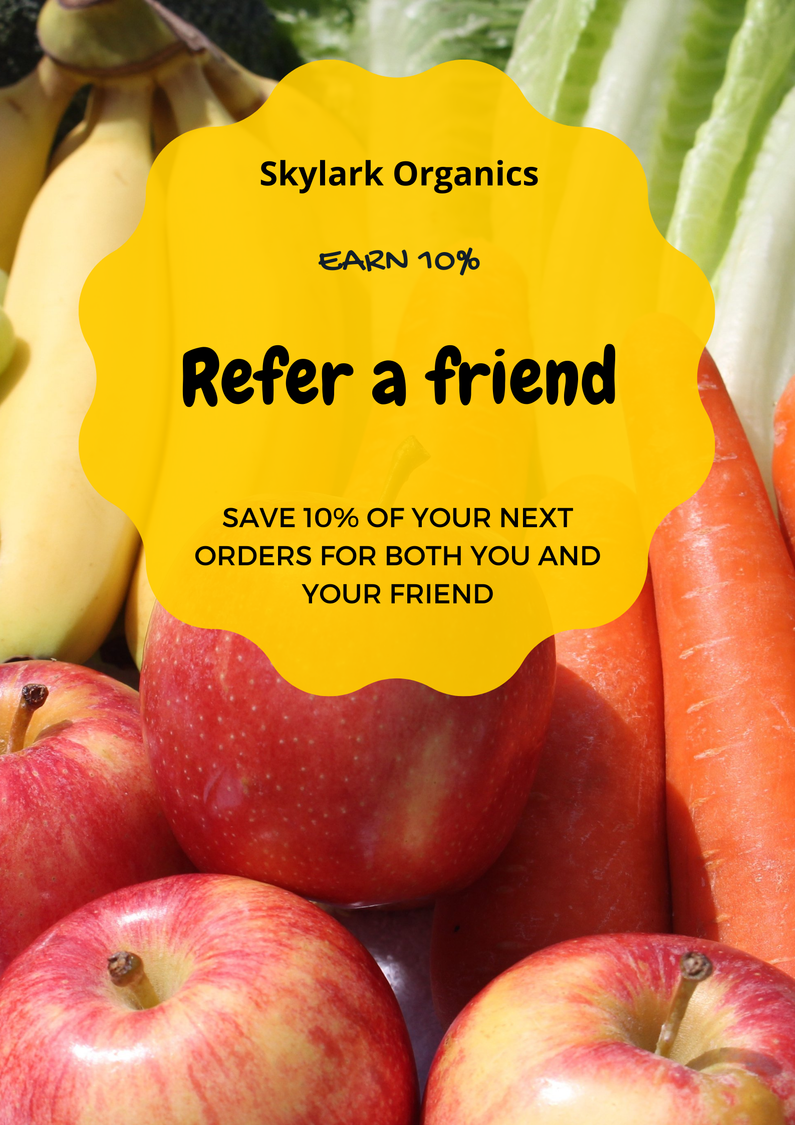 Image showing fruit and vegetables with the phrase refer a friend and receive 10% discount